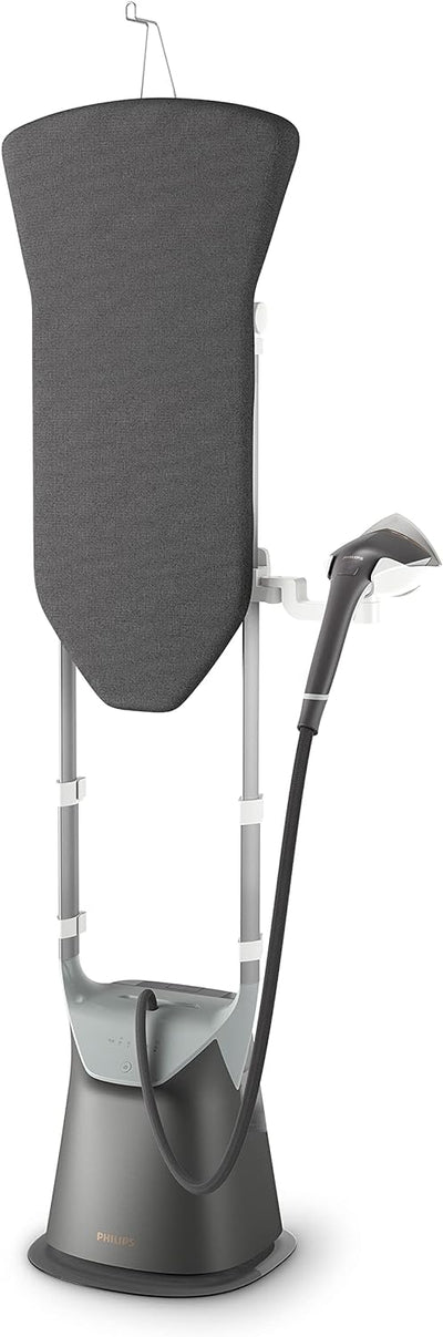 Gray ironing board with stand and iron on a white background